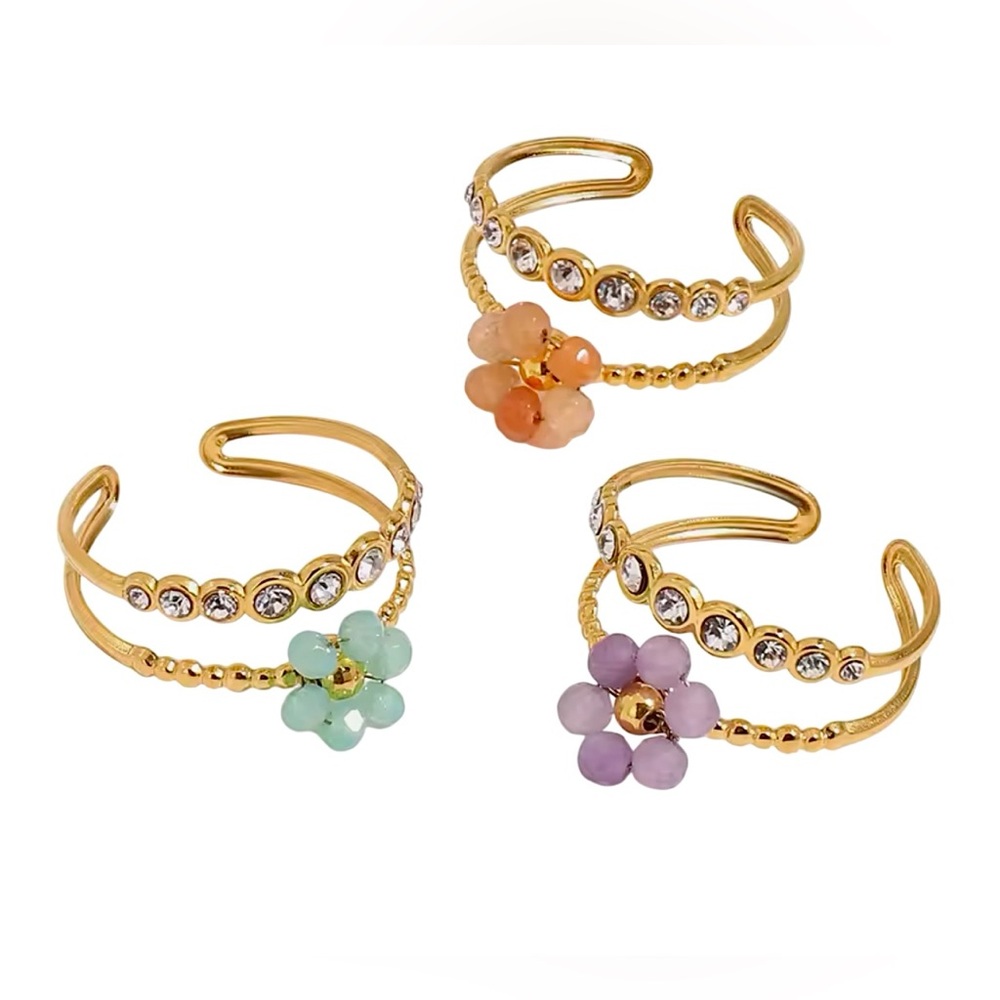 Crystal Beaded Flower Layered Ring Stainless Steel
